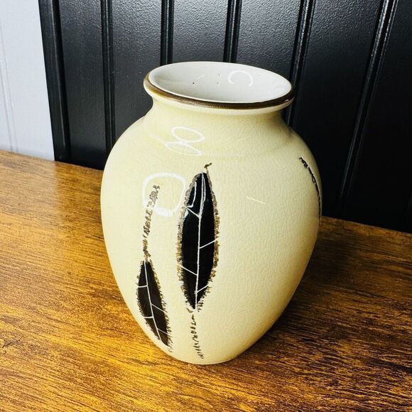 Vintage Antique Italian Vase Italy Textured Off White Black Leaves MCM - Picture 2 of 8